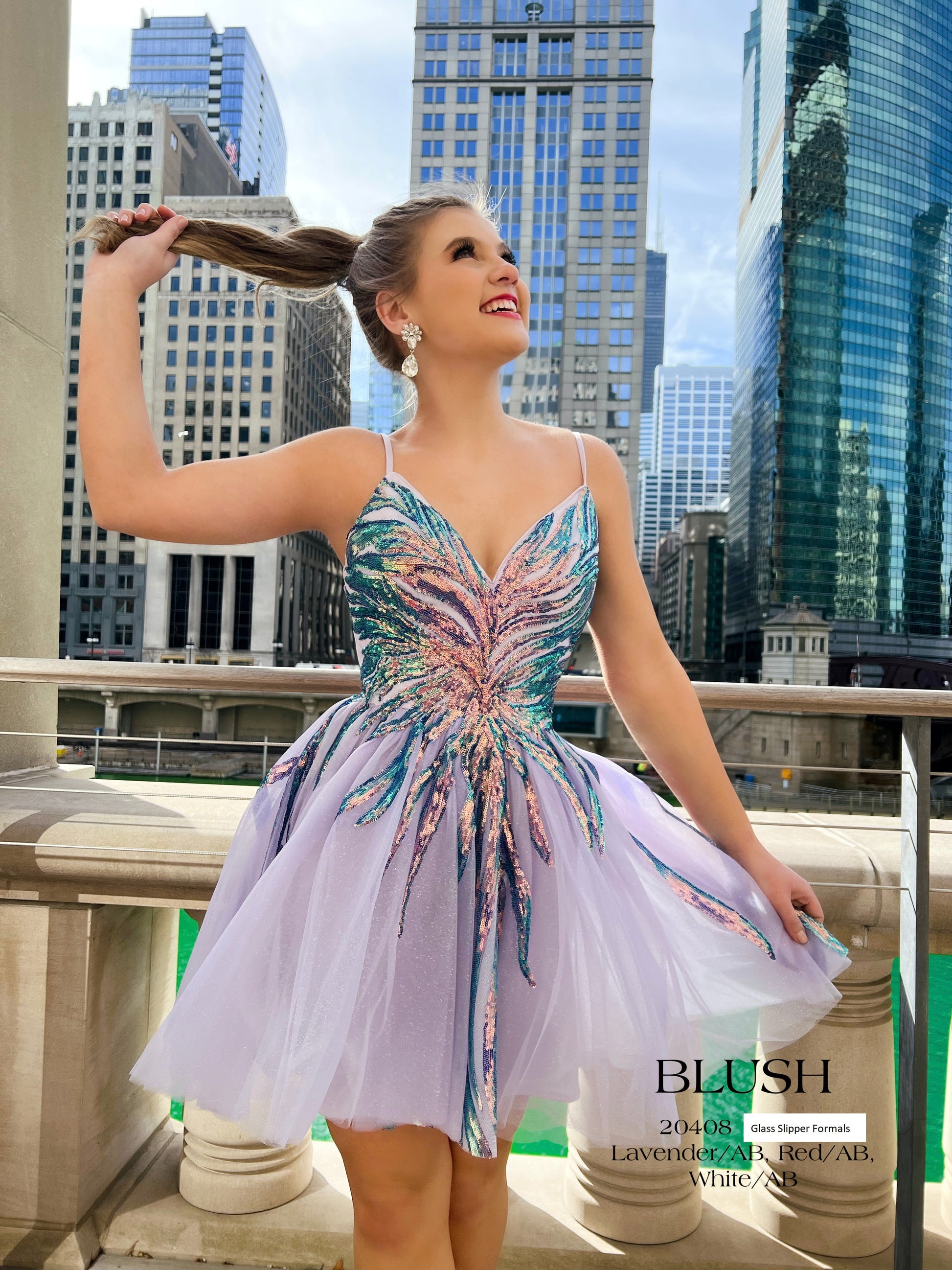 Blush Prom 20408 is a Short Shimmering Backless Formal Cocktail Dress with Sequin accents along the bust & bodice. This Fit & Flare Gown is fun for any formal event!  Available Sizes: 0-24  Available Colors: Lavender/AB, Red/AB, White/AB