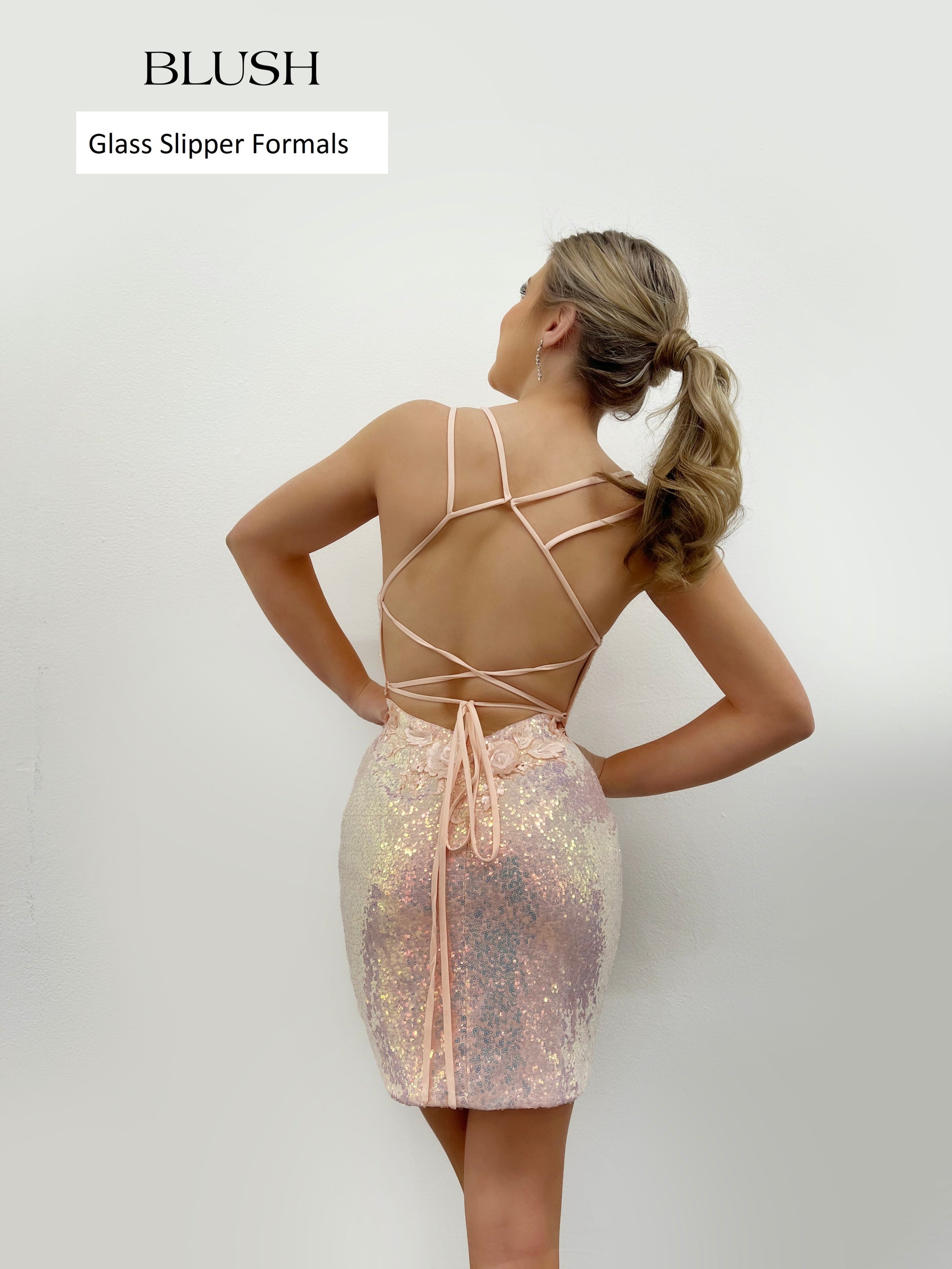 Blush Prom 20413 is a short Short Fitted Sequin Cocktail Dress with 3D Flower accents along the bodice. This Formal Backless Gown Features a criss cross spaghetti strap pattern in the back. Slit in skirt Available Sizes: 0-24  Available Colors: AB/White, Blush, Hot Pink