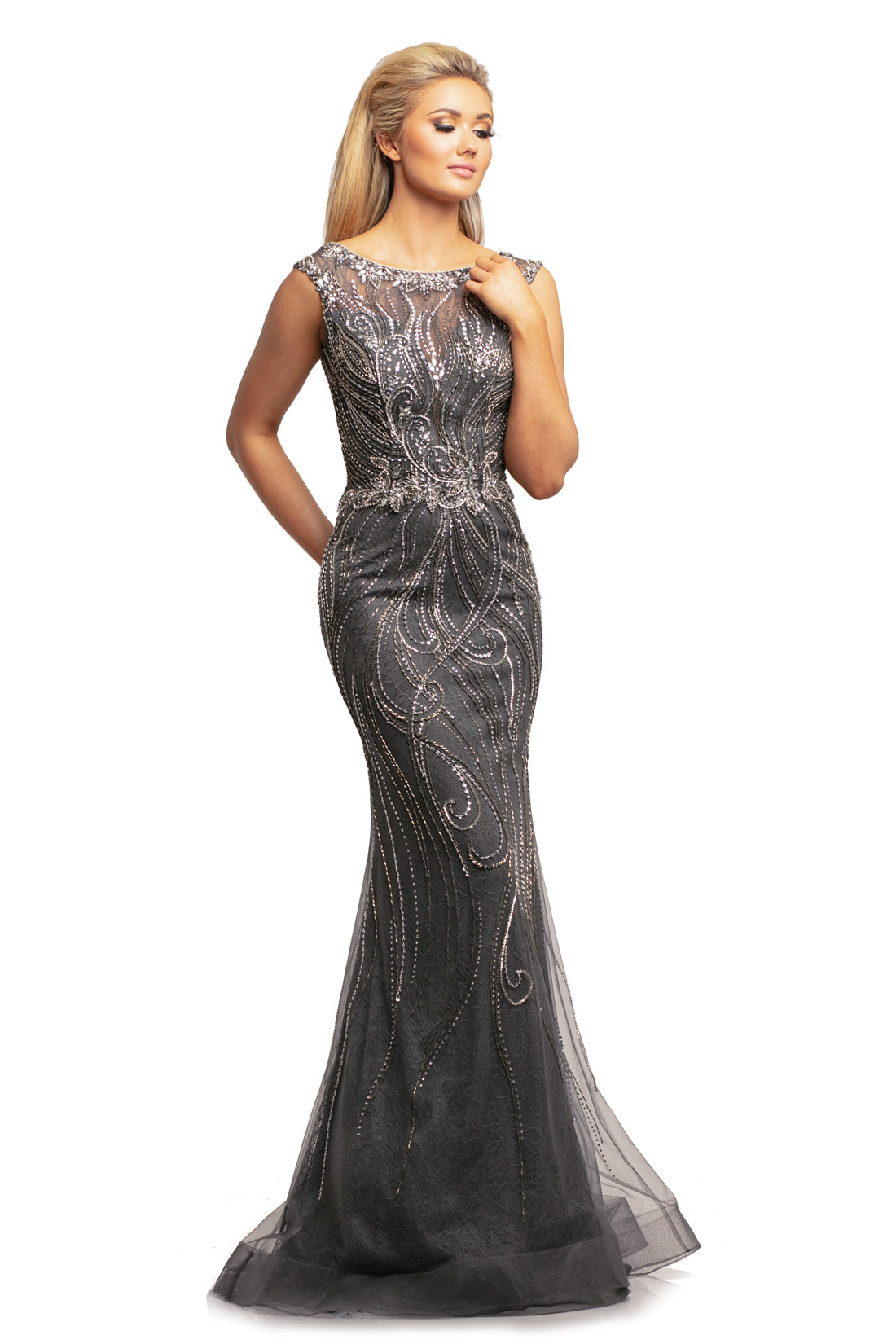 Johnathan Kayne 2042 Fit & Flare Lace Prom Dress. Sheer Illusion Embellished High Neckline with Plunging neckline underlay. Floral swirl embellishments adorn the bodice and cascade into the skirt. Sheer Illusion lace back with embellishments.