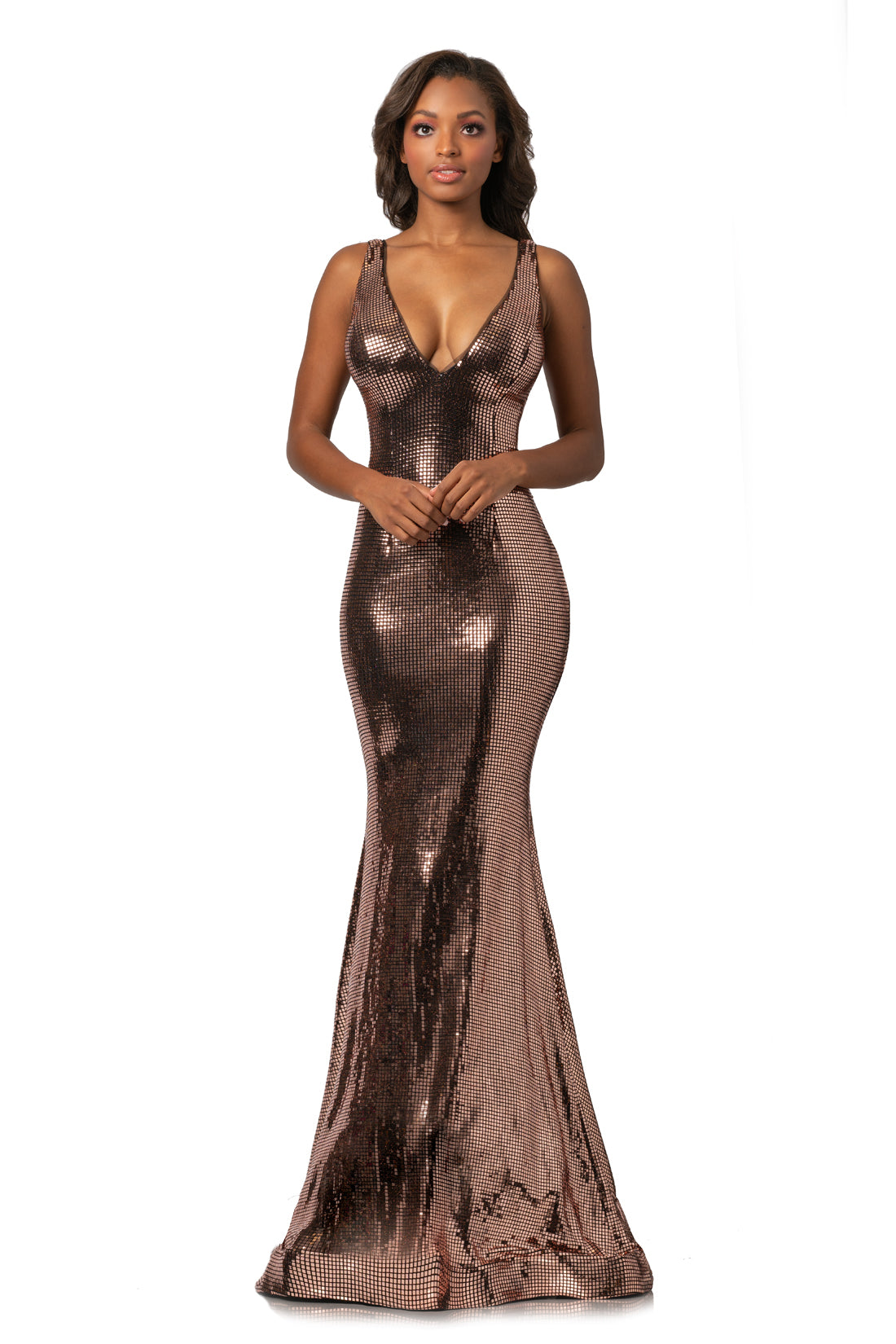 Johnathan Kayne 2044 is a long mermaid Prom Dress, Pageant Gown & Formal Evening Wear. This Fun Gown Features a Unique Metallic Sequin Stretch Jersey! Mermaid Silhouette with a Deep V Neckline as well as an Open V Back. Lush Trumpet skirt features a beautiful sweeping train. Very Unique & Fun style! 