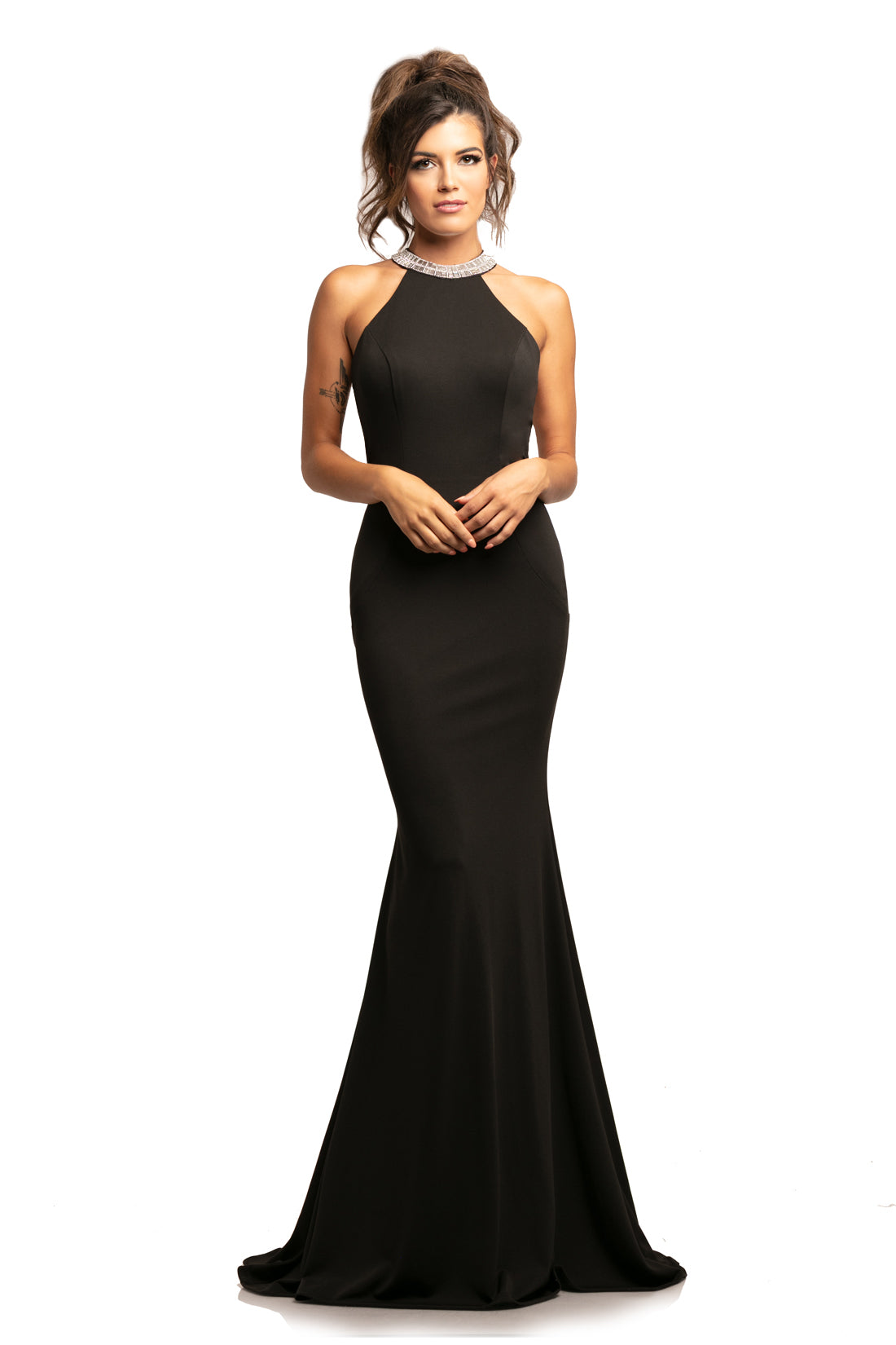 Johnathan Kayne 2049 is a open back Prom Dress, Pageant Gown & Formal Evening Wear with fringe tassels that flow down the back. This stunning high neckline long dress features a crystal accented choker neckline with a sheer mesh back with hanging rows of crystal tassels.