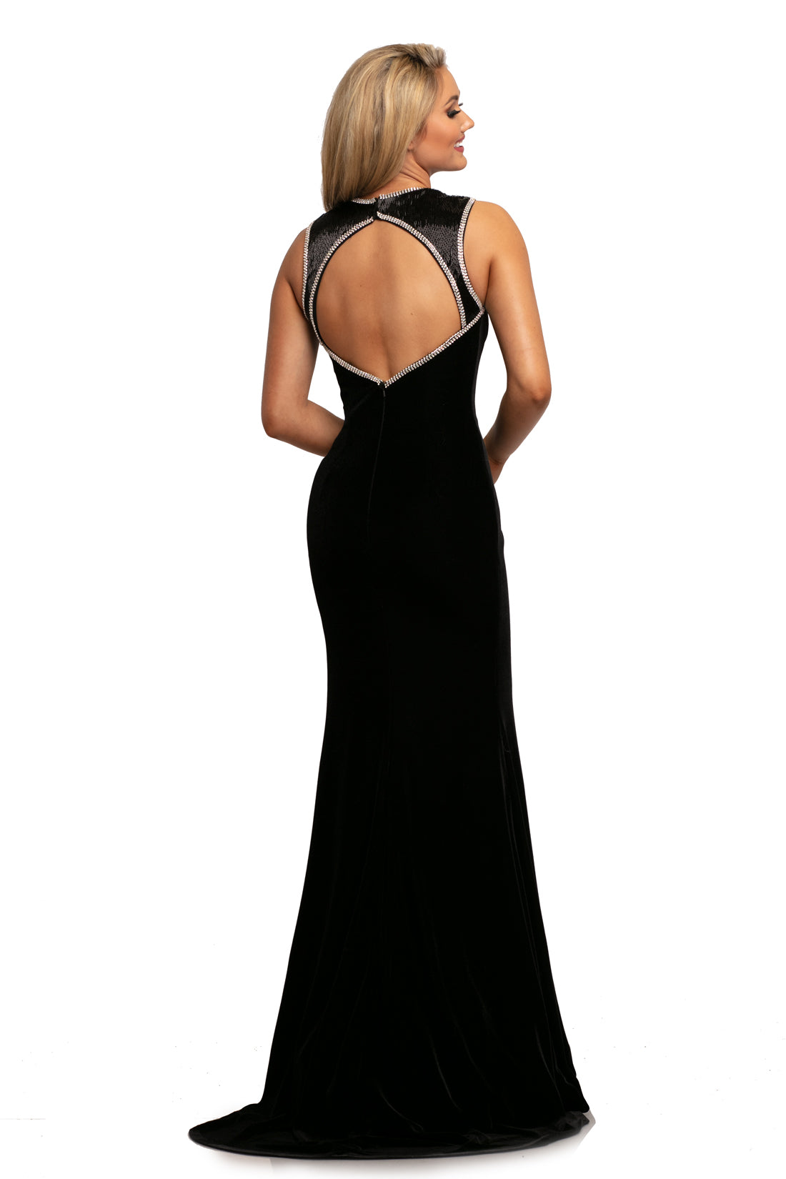 Johnathan Kayne 2057 is a classic velvet Prom Dress, Pageant Gown & Formal Evening Wear. This Long Fitted Velvet Gown Features an Embellished V neckline with the wide straps leading around the the open cutout back hand beaded with rows of embellishments. Slit in the skirt small train in the back.