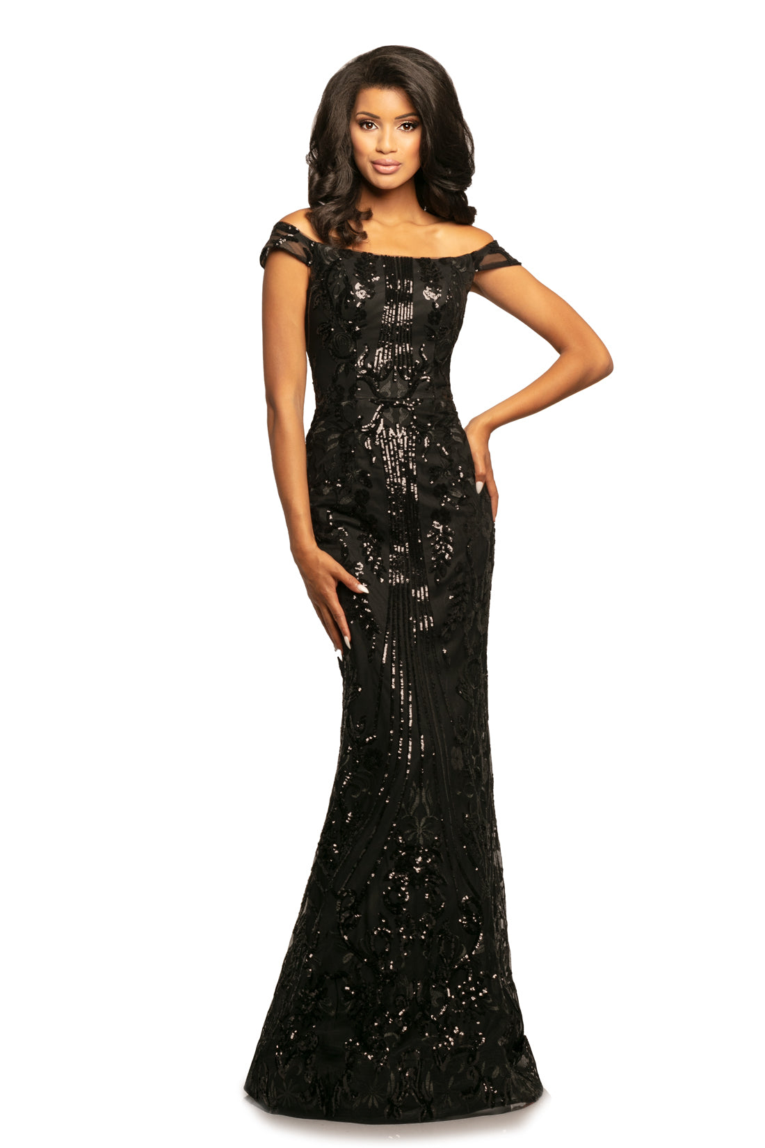 Johnathan Kayne 2064 is a Black Sequin Prom Dress, Pageant Gown & Formal Evening Wear. This long fitted gown features sequin embellishments, Off the Shoulder Straps. sheer mesh embellished back. 