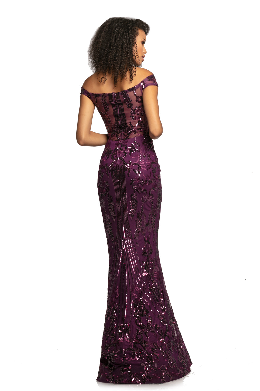 Johnathan Kayne 2064 is a Plum Sequin Prom Dress, Pageant Gown & Formal Evening Wear. This long fitted gown features sequin embellishments, Off the Shoulder Straps. sheer mesh embellished back.  
