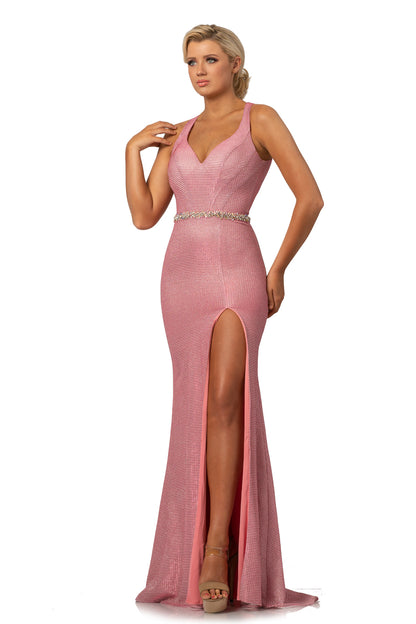 Johnathan Kayne 2071 is a Metallic Shimmer Prom Dress, Pageant Gown & Formal Evening Wear. Metallic Shimmer Material adds a touch of glam to this timeless style. V neckline with wide straps leading around to a cutout open back. crystal embellished waist belt. Fit & Flare Silhouette with a slit in the skirt and small train. 
