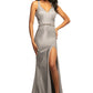 Johnathan Kayne 2071 is a Metallic Shimmer Prom Dress, Pageant Gown & Formal Evening Wear. Metallic Shimmer Material adds a touch of glam to this timeless style. V neckline with wide straps leading around to a cutout open back. crystal embellished waist belt. Fit & Flare Silhouette with a slit in the skirt and small train. 