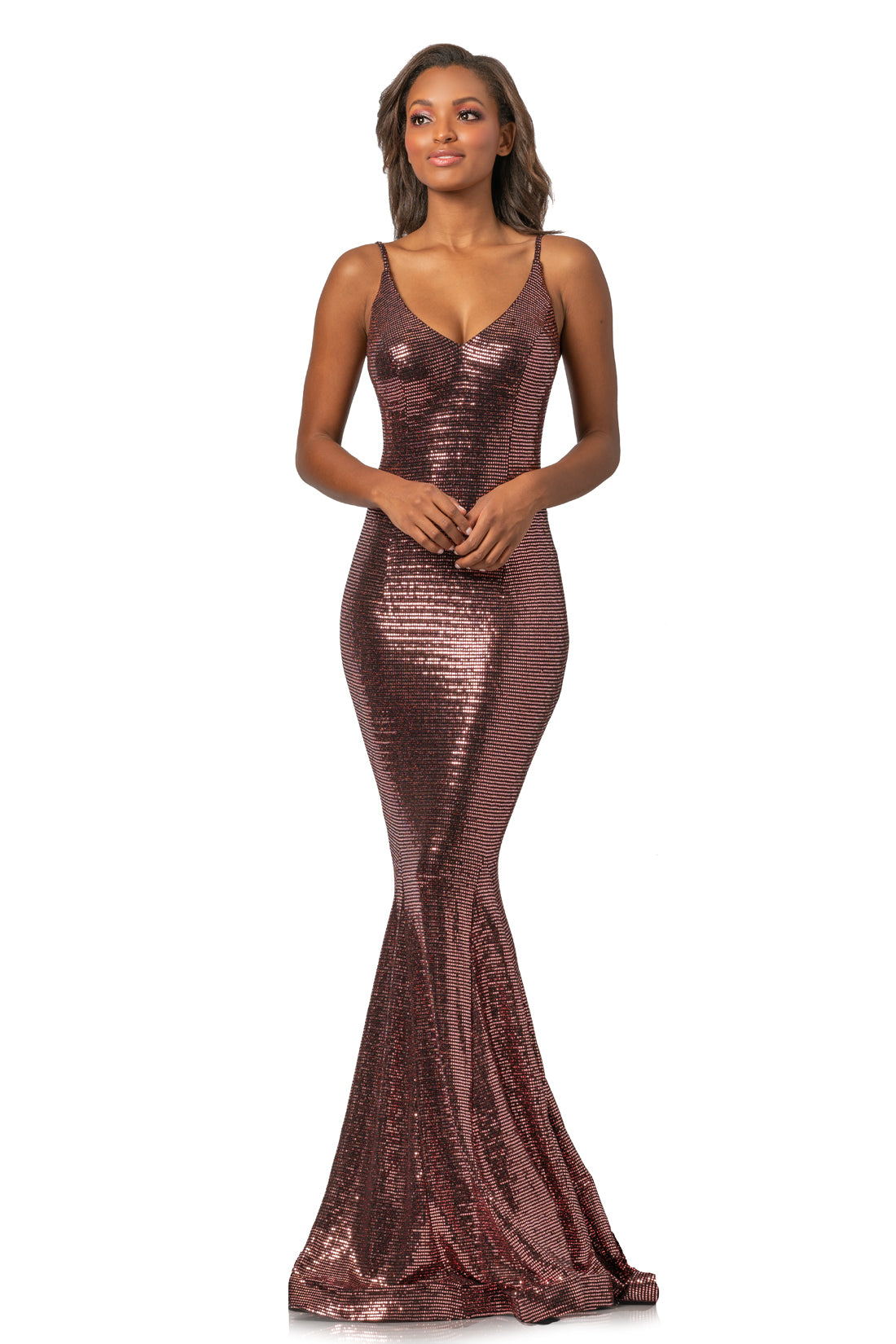 Johnathan Kayne 2087 is Metallic Sequins Prom Dress, Pageant Gown & Formal Evening Wear.  This Long Fitted Metallic sequin Shimmer Prom Dress has a v neckline with spaghetti straps and Open V back. Fit & Flare Mermaid Silhouette with small train.