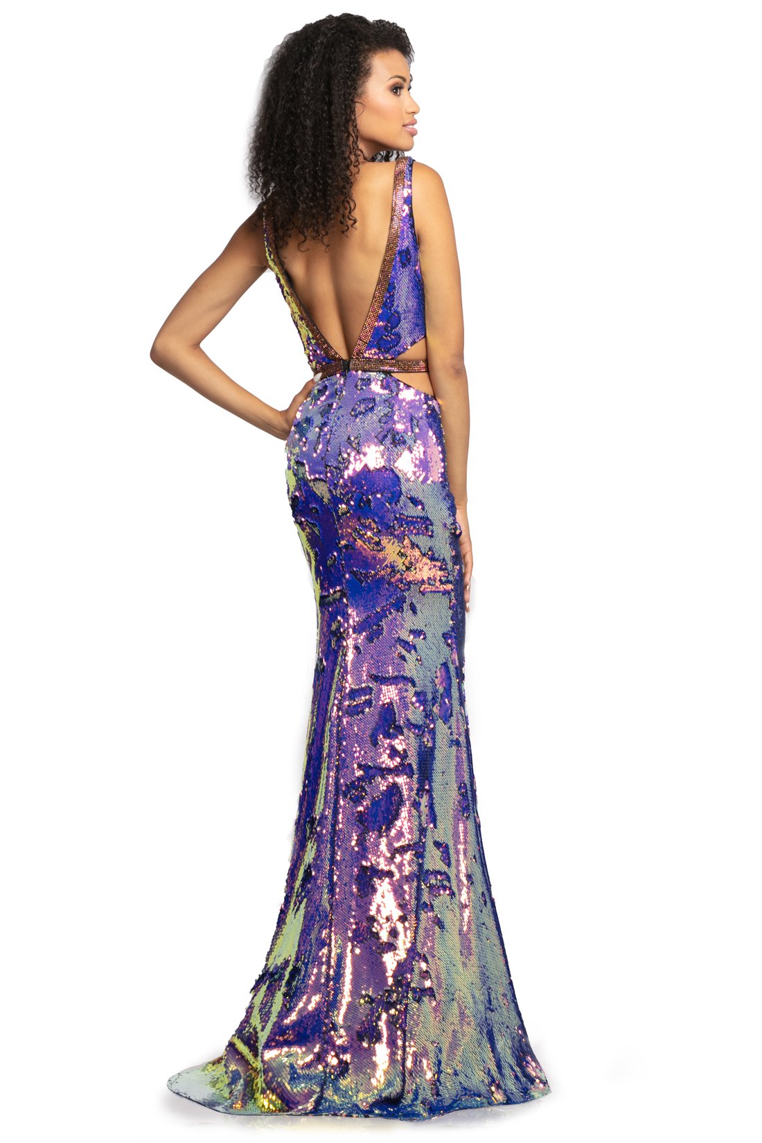 Johnathan Kayne 2092 is an Iridescent Shimmer Prom Dress, Pageant Gown & Formal Evening Wear.  This long fitted gown Features Iridescent Shimmer Reversible Sequin Material. Plunging neckline with mesh inserts. Rows of Crystal Embellishments line the neckline and side cutout panels. Open V Back with Embellishments. 