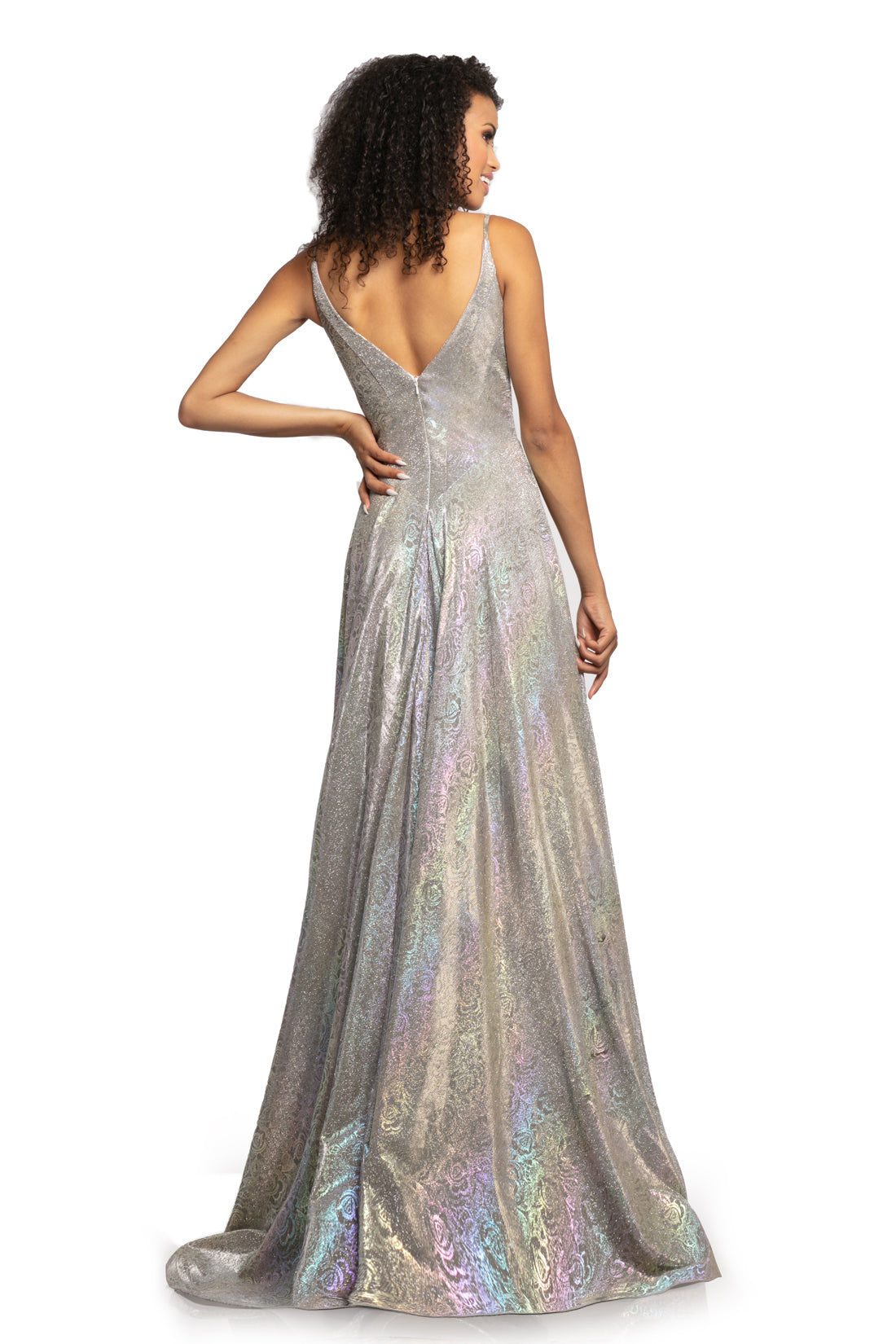 Johnathan Kayne 2094 is a metallic holographic Prom Dress, Pageant Gown & Formal Evening Wear. This long Gown Features a Metallic Glitter Floral Rose Design with a plunging neckline and spaghetti straps. This fitted bodice flows into a beautiful color changing A line skirt.