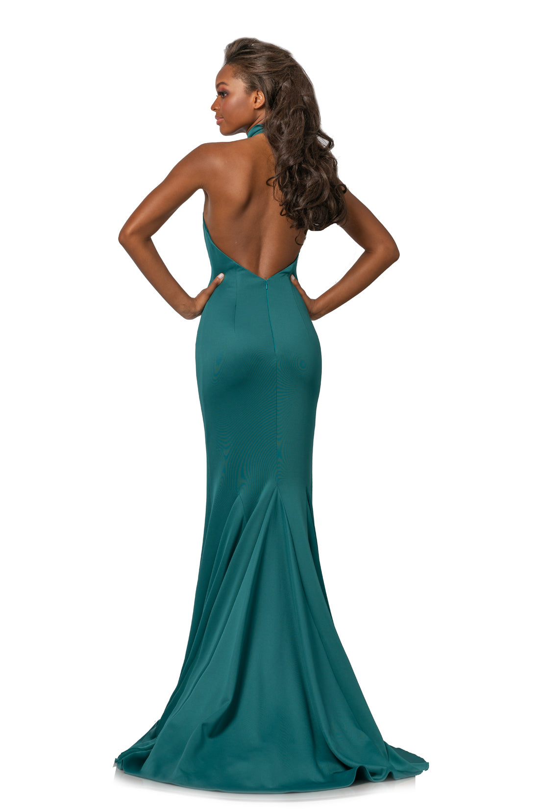 Johnathan Kayne 2096 is a Choker Neckline Prom Dress, Pageant Gown & Formal Evening Wear. This long Fitted high choker neckline dress features a a fit & Flare mermaid Silhouette and open back with sweeping train.