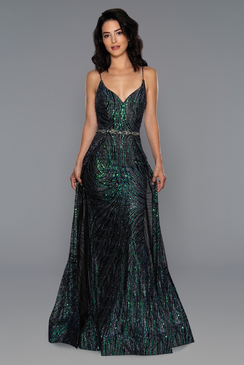 Stella Couture 21030 Long fitted v neckline formal prom & Pageant Dress. Black with blue/green multi sequin accents. Embellished spaghetti straps. Overskirt with sweeping train. Great gown for any formal event!  Available Sizes: 0-16  Available Color: Black/Multi