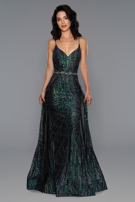 Stella Couture 21030 Long fitted v neckline formal prom & Pageant Dress. Black with blue/green multi sequin accents. Embellished spaghetti straps. Overskirt with sweeping train. Great gown for any formal event!  Available Sizes: 0-16  Available Color: Black/Multi