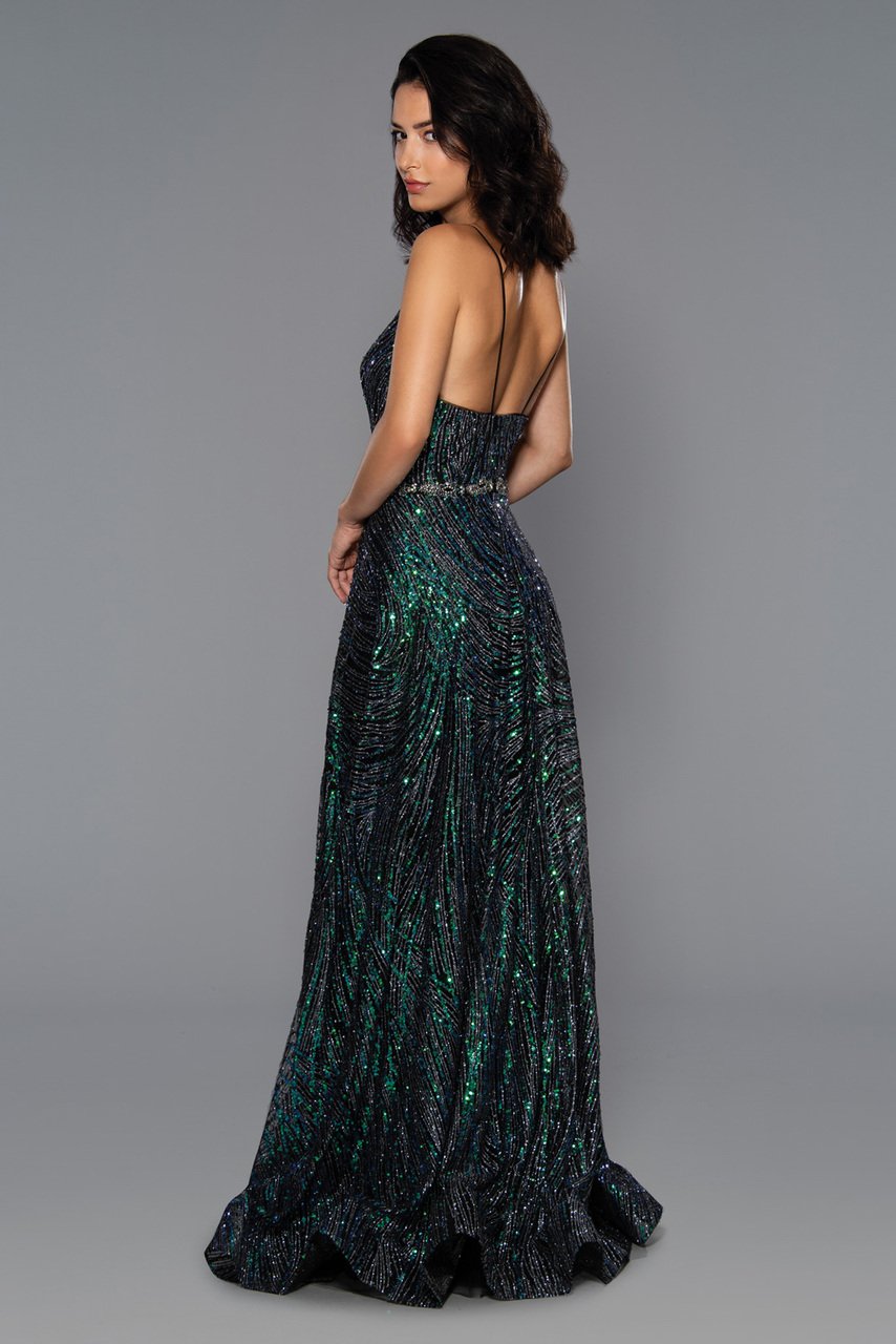 Stella Couture 21030 Long fitted v neckline formal prom & Pageant Dress. Black with blue/green multi sequin accents. Embellished spaghetti straps. Overskirt with sweeping train. Great gown for any formal event!  Available Sizes: 0-16  Available Color: Black/Multi
