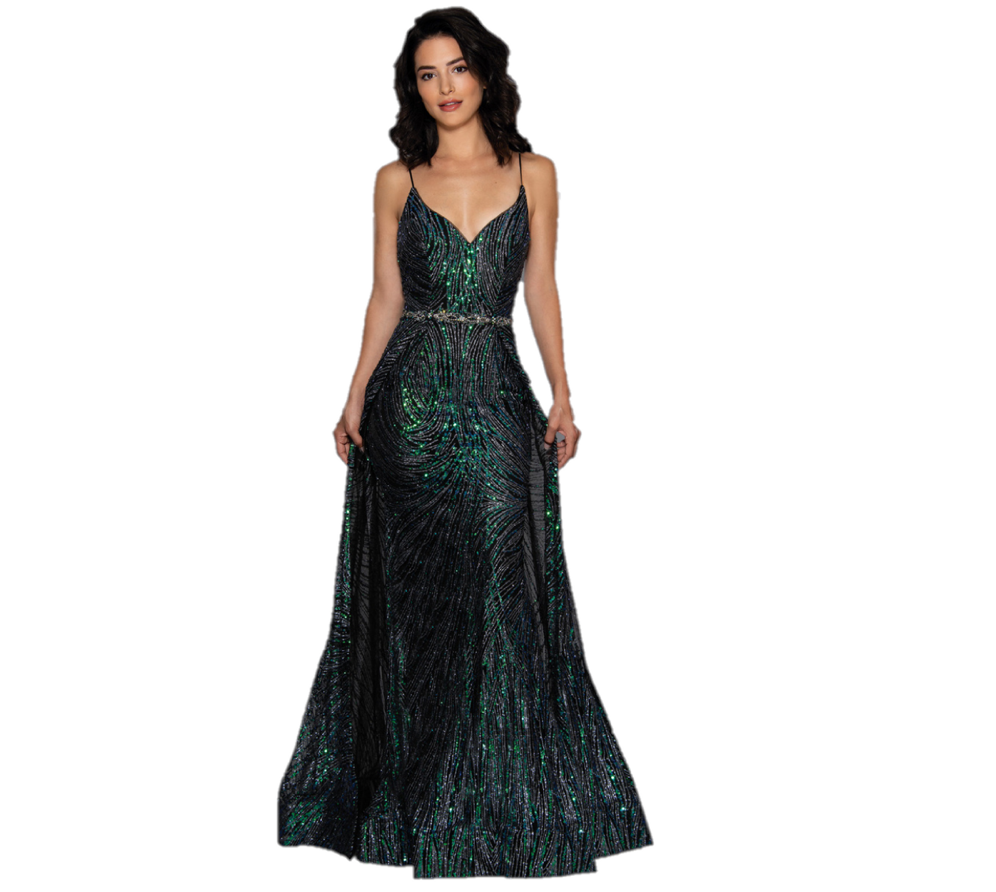 Stella Couture 21030 Long fitted v neckline formal prom & Pageant Dress. Black with blue/green multi sequin accents. Embellished spaghetti straps. Overskirt with sweeping train. Great gown for any formal event!  Available Sizes: 0-16  Available Color: Black/Multi