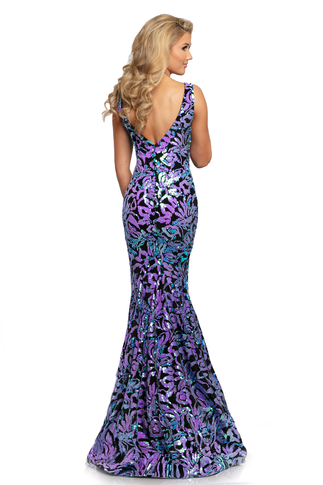 Johnathan Kayne 2106 is a velvet and sequins Prom Dress, Pageant Gown & Formal Evening Wear!  This Long Fitted Mermaid Dress Features a Stretch Velvet with Floral Iridescent  Sequin Embellishments along the entire dress. Deep V Neckline. with open V Back. Fit & Flare Silhouette with a Lush Trumpet Skirt. This Gown is Stunning!