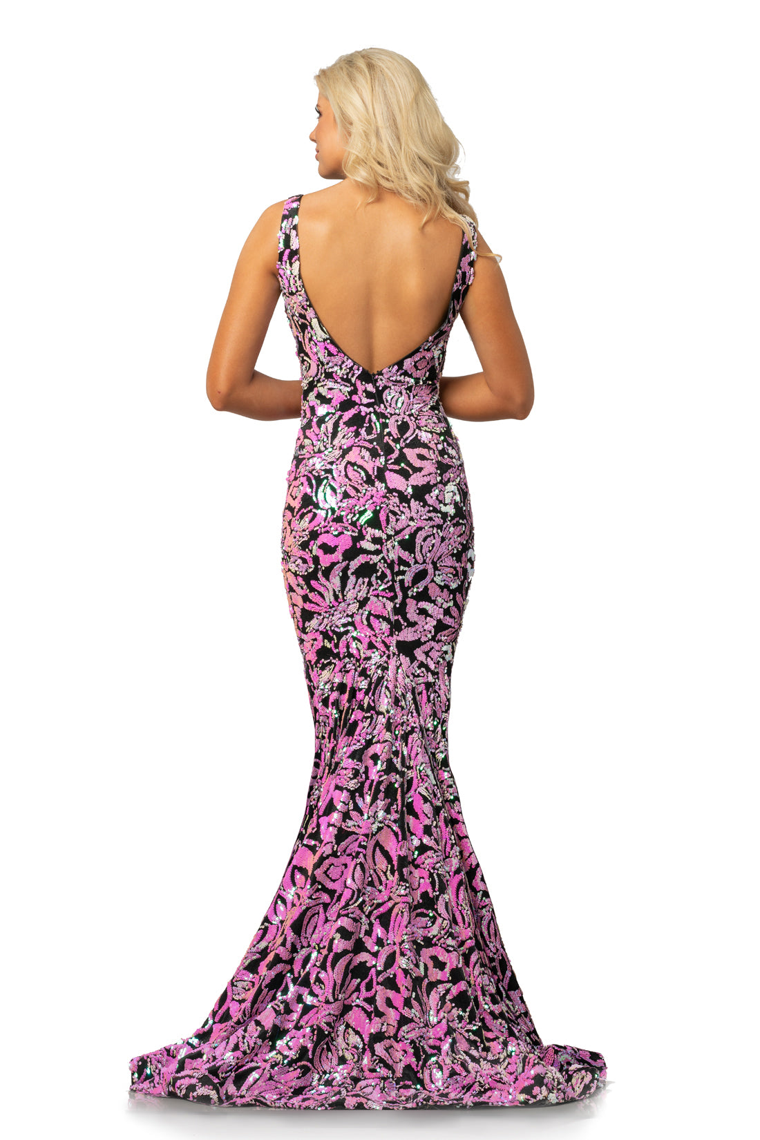 Johnathan Kayne 2106 is a velvet and sequins Prom Dress, Pageant Gown & Formal Evening Wear!  This Long Fitted Mermaid Dress Features a Stretch Velvet with Floral Iridescent  Sequin Embellishments along the entire dress. Deep V Neckline. with open V Back. Fit & Flare Silhouette with a Lush Trumpet Skirt. This Gown is Stunning!