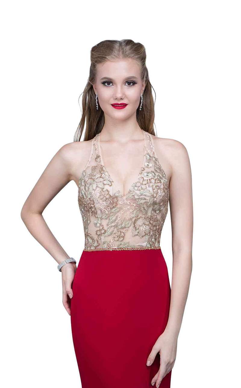 Nina Canacci 2130 Size 4 Red/Gold, Fitted Halter Lace Prom Dress Formal Gown