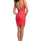 Johnathan Kayne 2183 is a short fitted stretch jersey cocktail evening dress. featuring a deep v neckline and a scoop back. this comfortable style features crystal rhinestone embellishments scattered along the bodice. Sheer mesh side panels. Perfect for pageants & any formal event!  Available Colors: Coral, Silver, Royal