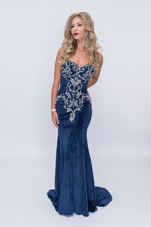 Nina Canacci 2185 Sizes 2, 8 Navy Prom Suede Dress Pageant Gown