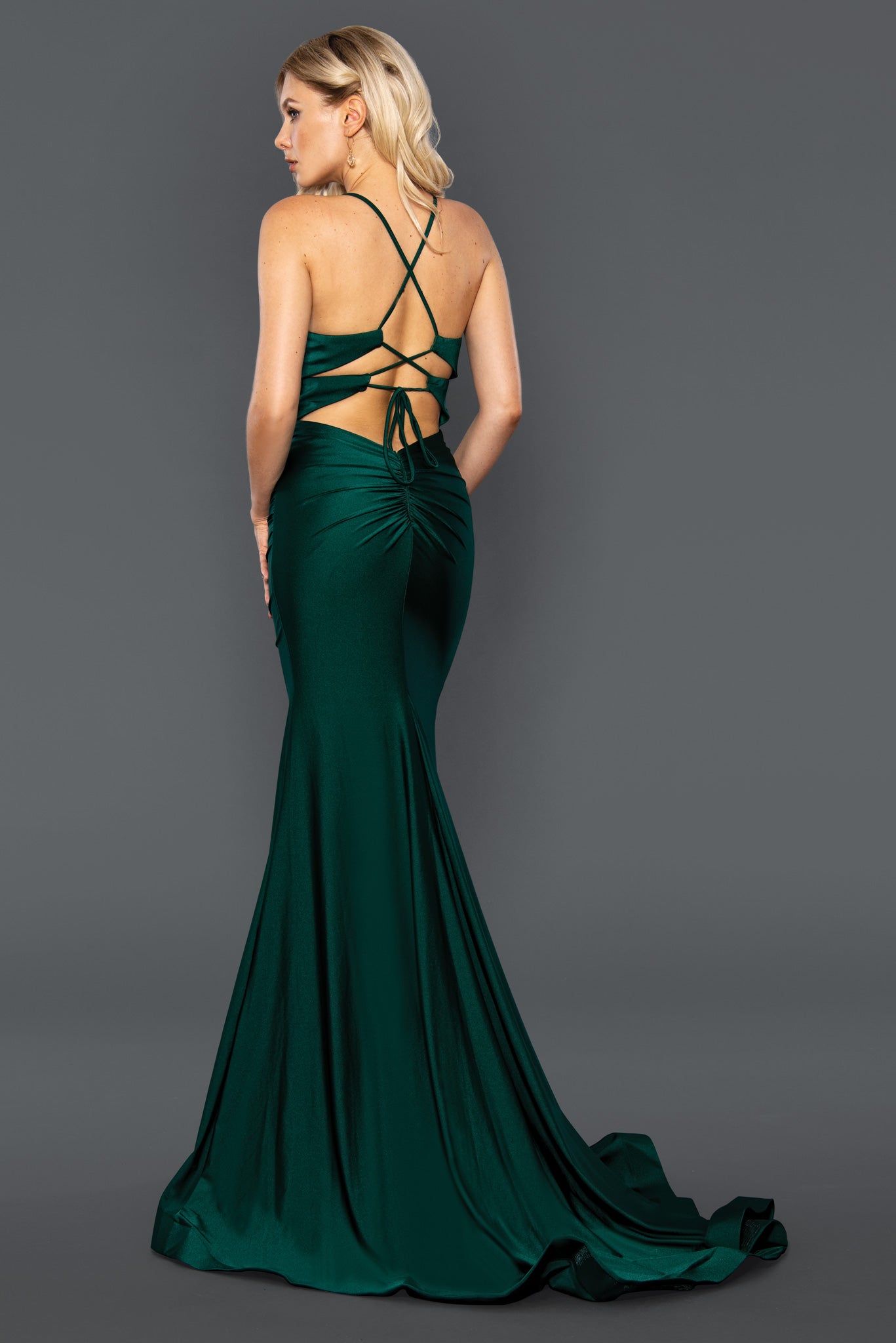 Stella Couture 22037 Long Fitted Ruched Prom Dress Formal Evening Gown Slit backles corset  Available Sizes: 0-12  Available Colors: Hunter Green, Red