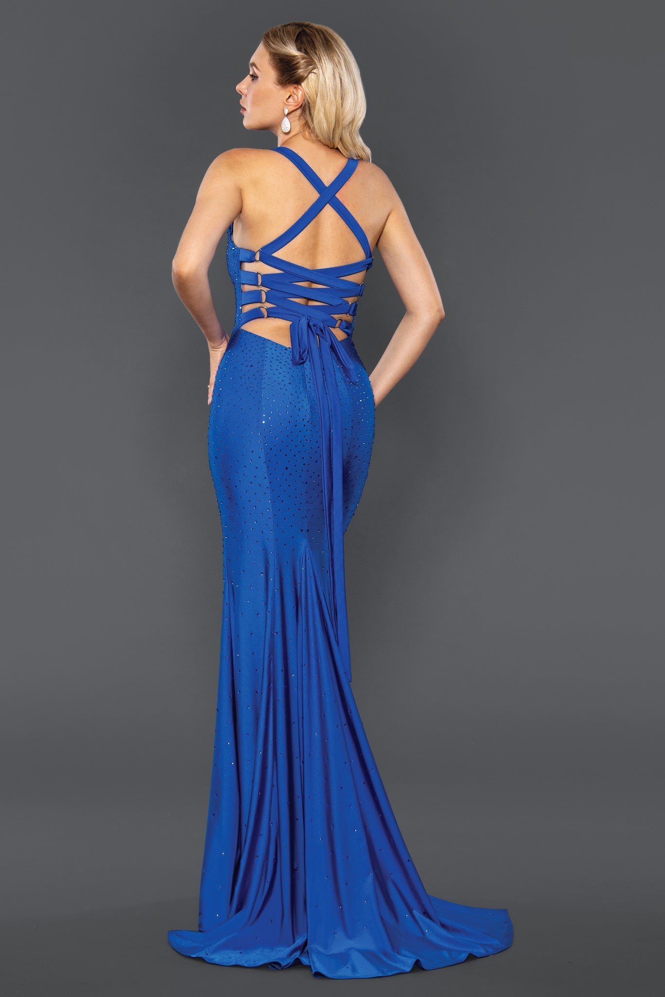 Stella Couture 22072 Long Fitted Lace Up Slit Backless Prom Dress Formal Gown size 2 Royal