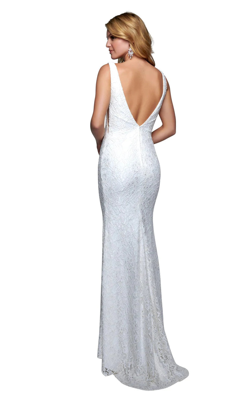 Nina Canacci 2229 is a Long Fitted solid Ivory Lace formal destination wedding dress, pageant gown & informal Bridal. Featuring a plunging V Neckline and open V Back. small sweeping train. Destination Lace Wedding Dress Open Back V Neck  Available Sizes: 00-10  Available Colors: Ivory