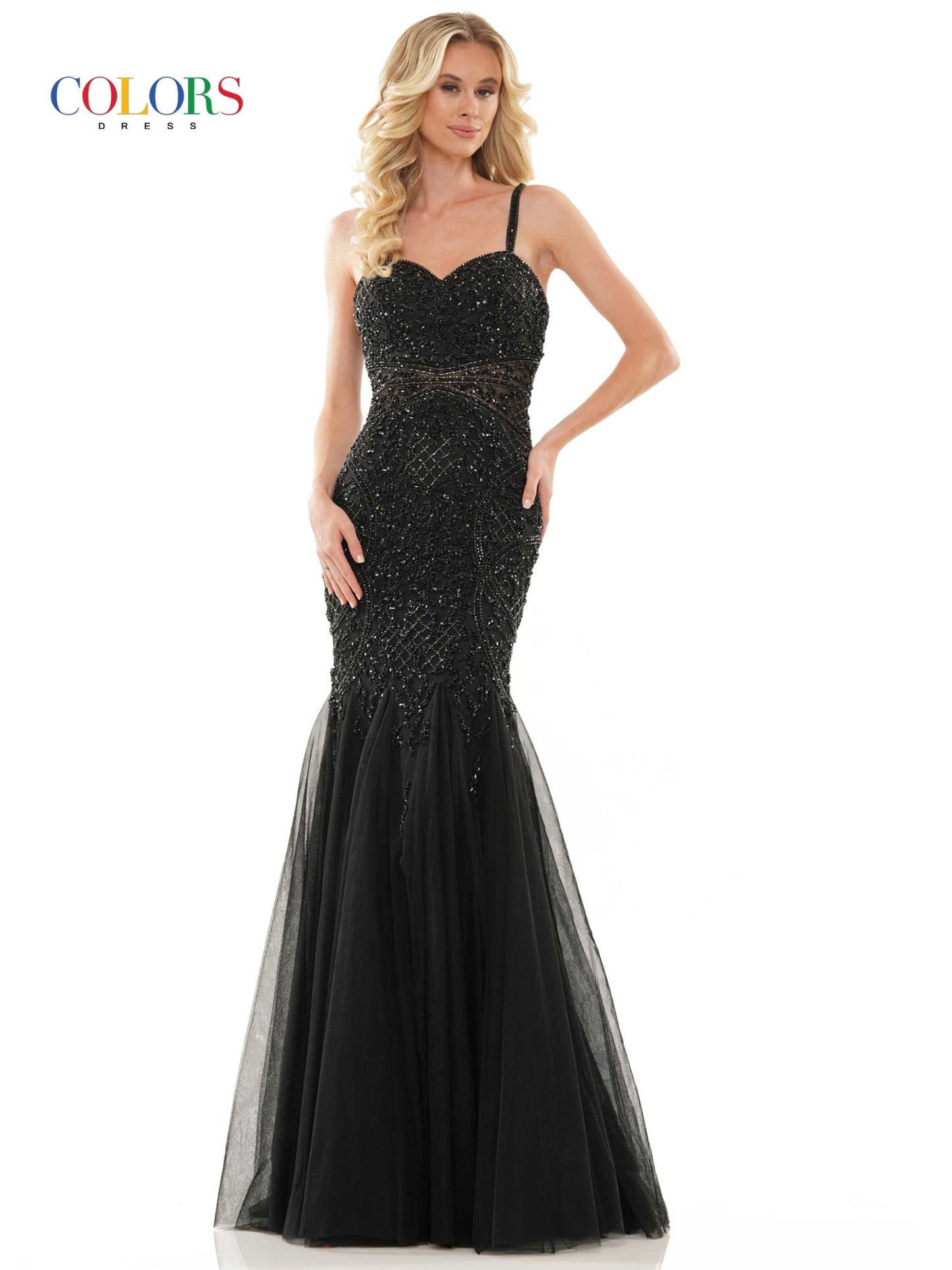 Colors Dress 2230 Black Mermaid Prom or Evening dress with an all over delicately beaded bodice mermaid dress in sweet heart neckline, tulle godet, beaded strap