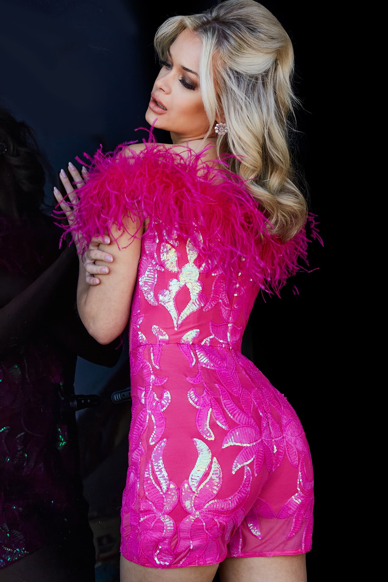 Jovani 22349 Sequin off the shoulder Feather Pageant Romper Fun Fashion Formal Wear  Form fitting sequin embellished hot pink homecoming romper 22349 features shorts and off the shoulder bodice with feather trim neckline.  Available Sizes: 00,0,2,4,6,8,10,12,14,16,18,20,22,24  Available Colors: Black, Hot Pink, Light Blue, White