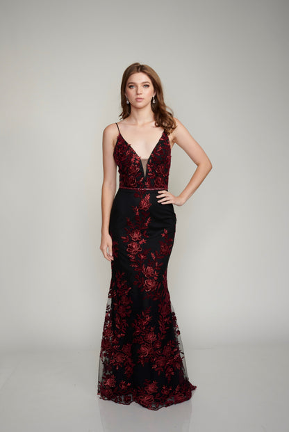 Nina Canacci 2240 Black Burgundy Prom Dress Evening Gown Floral Lace Size 6