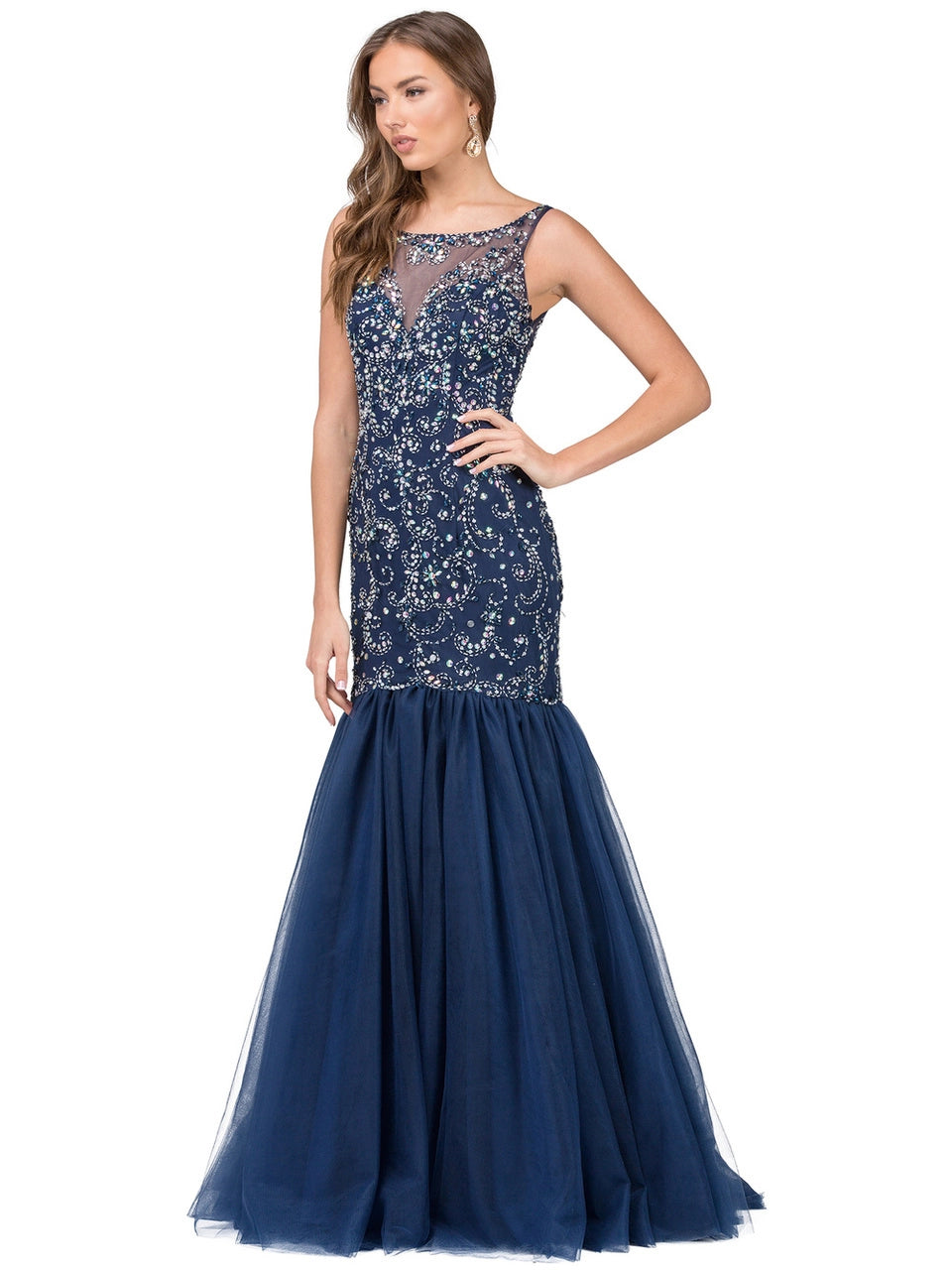 DQ 2250 Long Fitted Embellished Mermaid Prom Dress Sheer high neckline formal Gown  Available Size: 16  Available Color: Navy