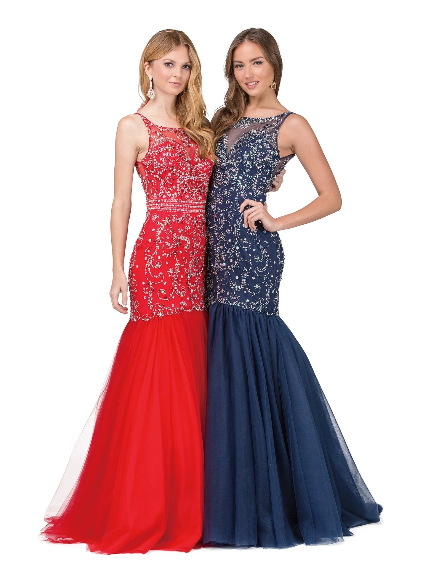DQ 2250 Long Fitted Embellished Mermaid Prom Dress Sheer high neckline formal Gown  Available Size: 16  Available Color: Navy