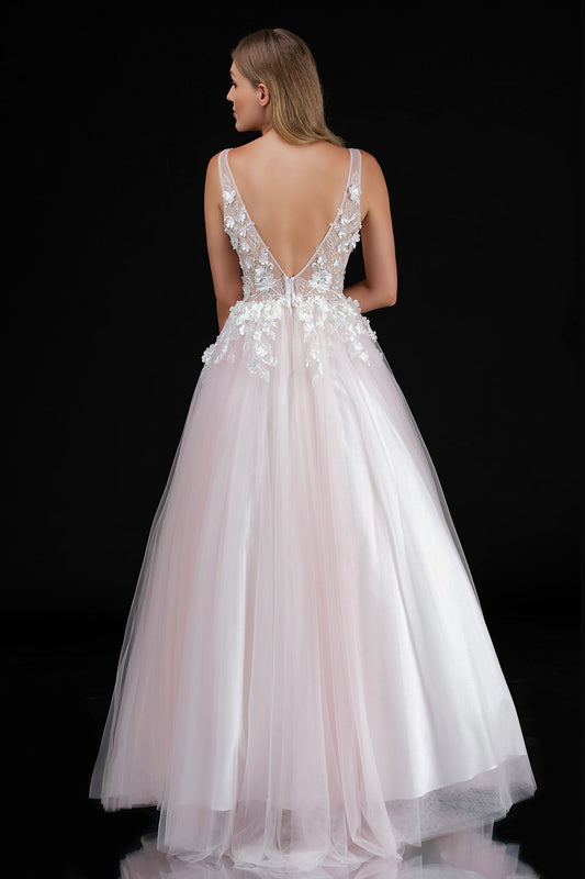 Nina Canacci 2256 ivory and pink tulle A-line prom ballgown with 3D floral appliques and V-neckline