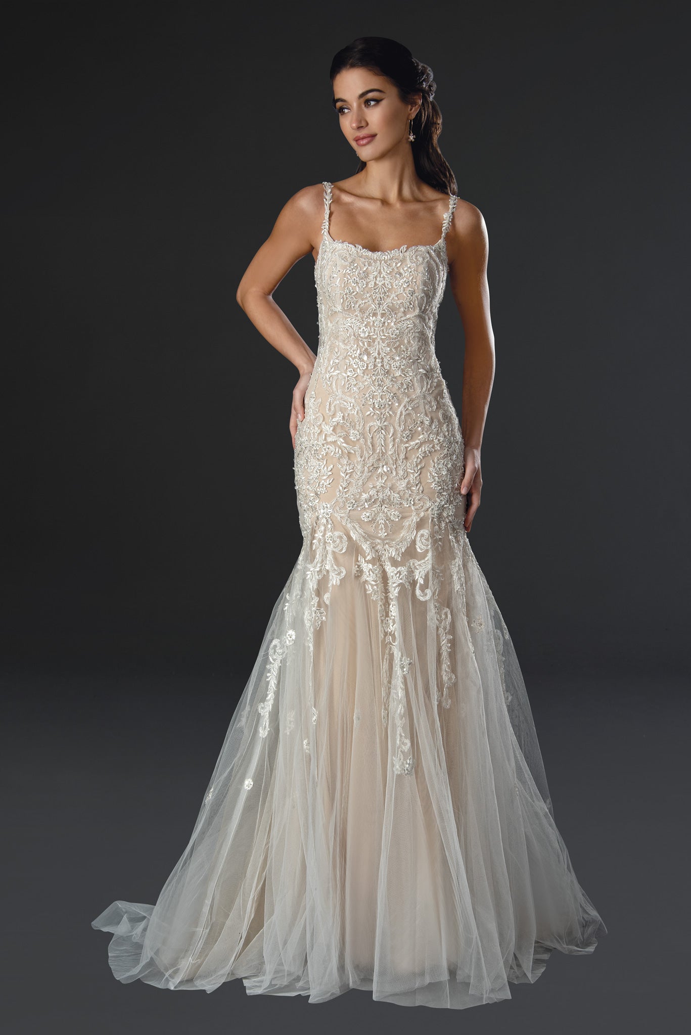 Stella Couture 22571 Long Beaded Lace Scoop Neck Wedding Dress Mermaid Bridal Gown Buttons Sizes: 0-28  Colors: Ivory, Nude