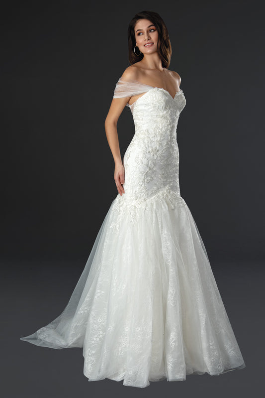 Stella Couture 22579 Size 4 Long Lace Mermaid Wedding Dress off the shoulder bridal Gown
