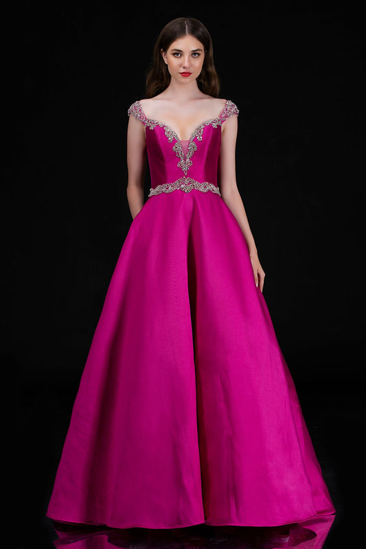 Nina Canacci 2265 fuchsia A-line prom dress with crystal accents, off-the-shoulder neckline and pleated skirt