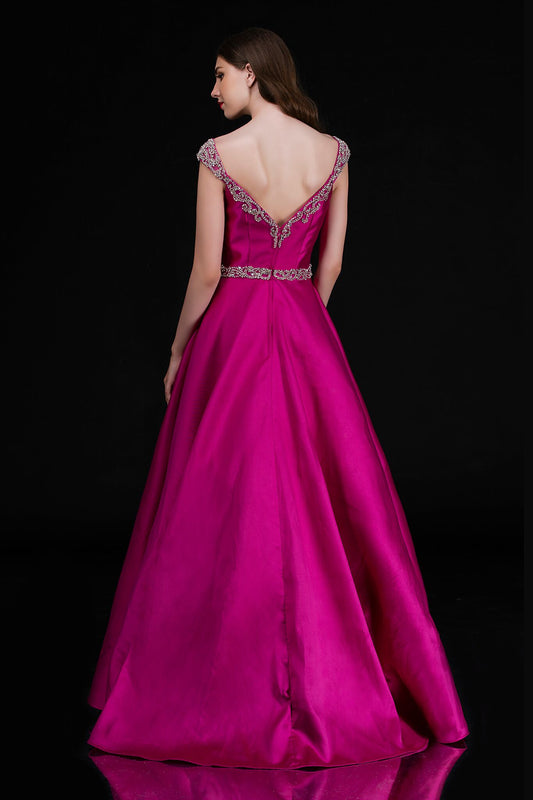 Nina Canacci 2265 fuchsia A-line prom dress with crystal accents, off-the-shoulder neckline and pleated skirt