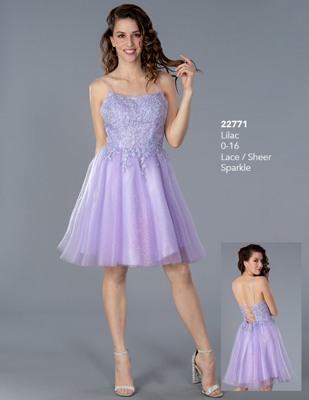 Stella Couture 22771 Lilac Lace Shimmer A Line Homecoming Dress Corset Cocktail Dress