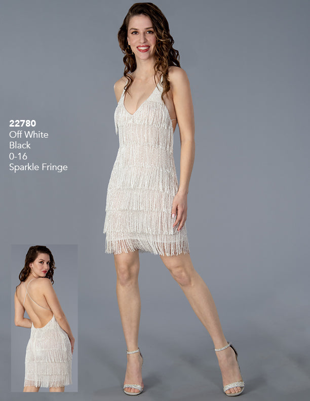Stella Couture 22780 Short Beaded Fringe Backless Homecoming Dress Formal Cocktail Gown Beaded and detailed v neckline with embellished straps  Sizes: 0-16  Colors: Black, Off White