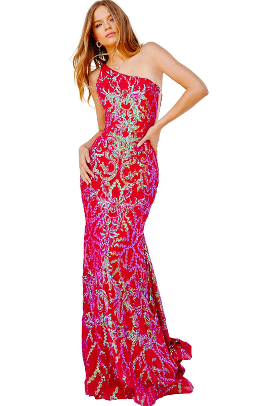 Jovani 22845 Long Fitted Mermaid One Shoulder Prom Dress Iridescent Sequin Pageant Gown This long fitted mermaid dress by Jovani is designed with an iridescent sequin and one shoulder bodice. The fitted silhouette will complement the curves and create an eye-catching look for any special occasion. Wear it with confidence and shine in the spotlight!  Sizes: 0, 8  Colors: Iridescent Red