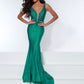 Johnathan Kayne 2305 Evening Pageant Dress, Prom Dress.  This is it!  This evening gown has a plunging v neckline with sheer panel at the bust and sheer panels under the arms.  It has wide straps with a low v in the back.  It is embellished stretch lycra with matching hot stones.  The long skirt ends in a mermaid with a full train and horsehair trim.  Colors:  Royal, Red  Fabric:  Four Way Stretch Lycra, Stretch Lining