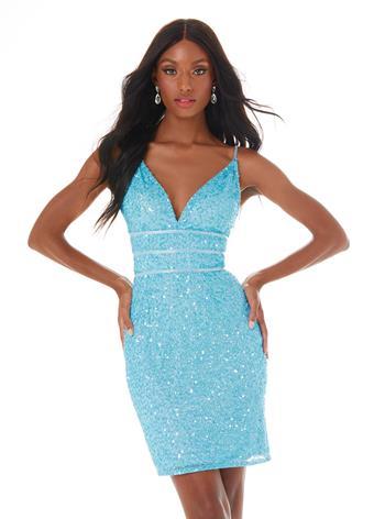 Ashley Lauren 4407 Size 4 sky blue Cocktail Dress sequins v neckline homecoming dress