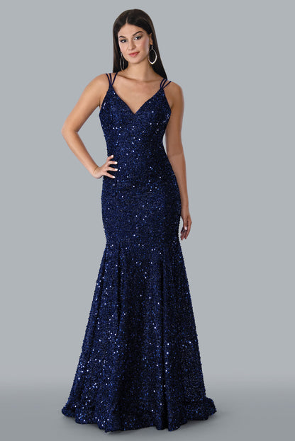 Stella Couture 23118 Long Sequin Fitted Mermaid Prom Dress V Neck Formal Gown Sweeping Train  Sizes: 0-16  Colors: Blue