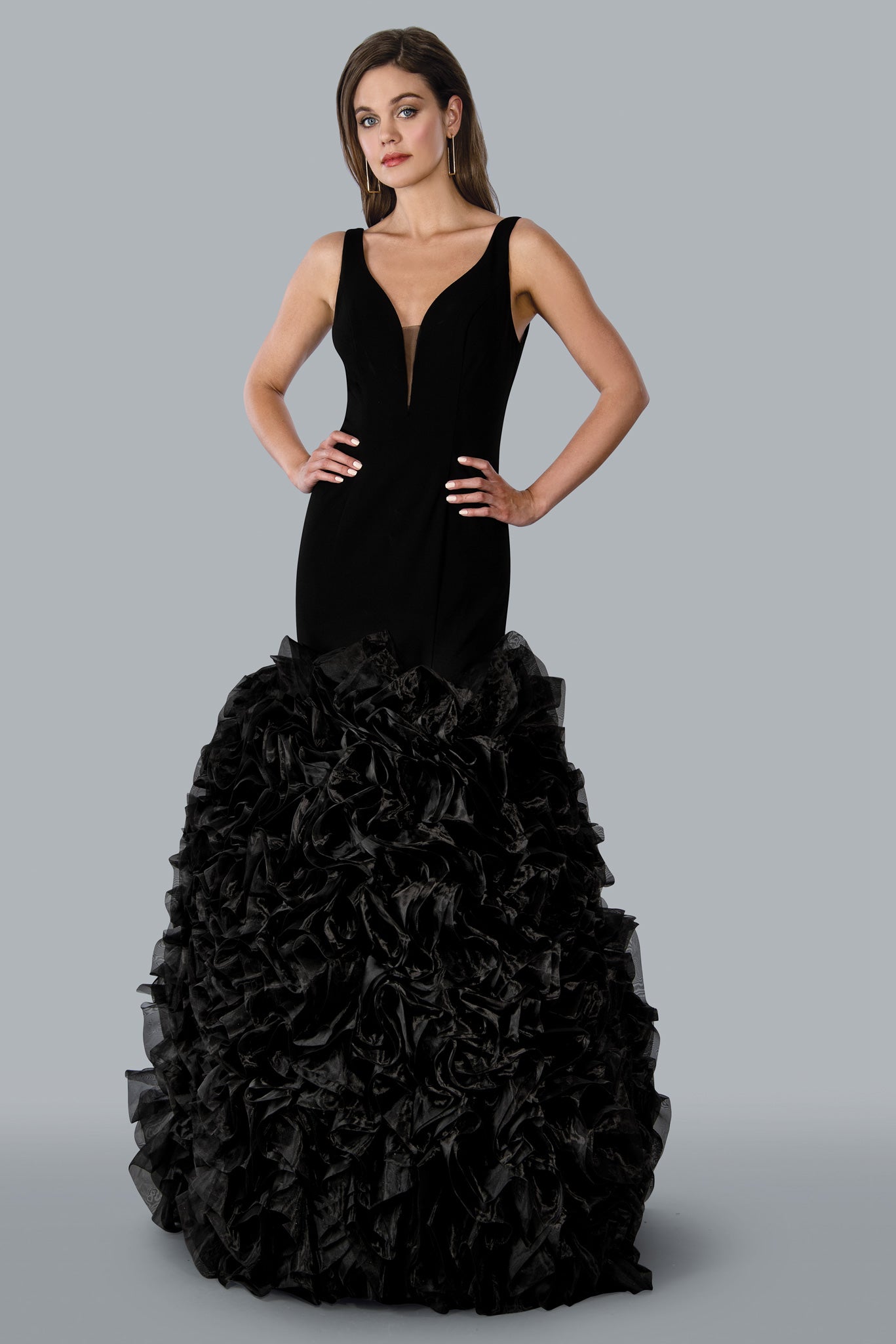 Stella Couture 23120 Long Fitted Ruffle scuba Mermaid Formal Prom Pageant Dress v neckline  Available Sizes: 0-16  Available Colors: Black, Off White