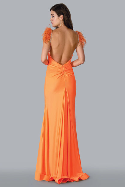 Stella Couture 23125 Long Fitted Crystal Feather Strap Prom Dress Backless Formal Gown Ruched hip  Sizes: 0-16  Colors: BLACK, FUCHSIA, TURQUOISE, ORANGE-CORAL