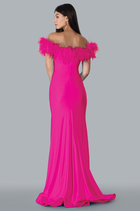 Stella Couture 23127 Long Fitted off the Shoulder Feather Prom Dress slit Pageant Gown  Sizes: 00-16  Colors: Fuchsia, Turquoise