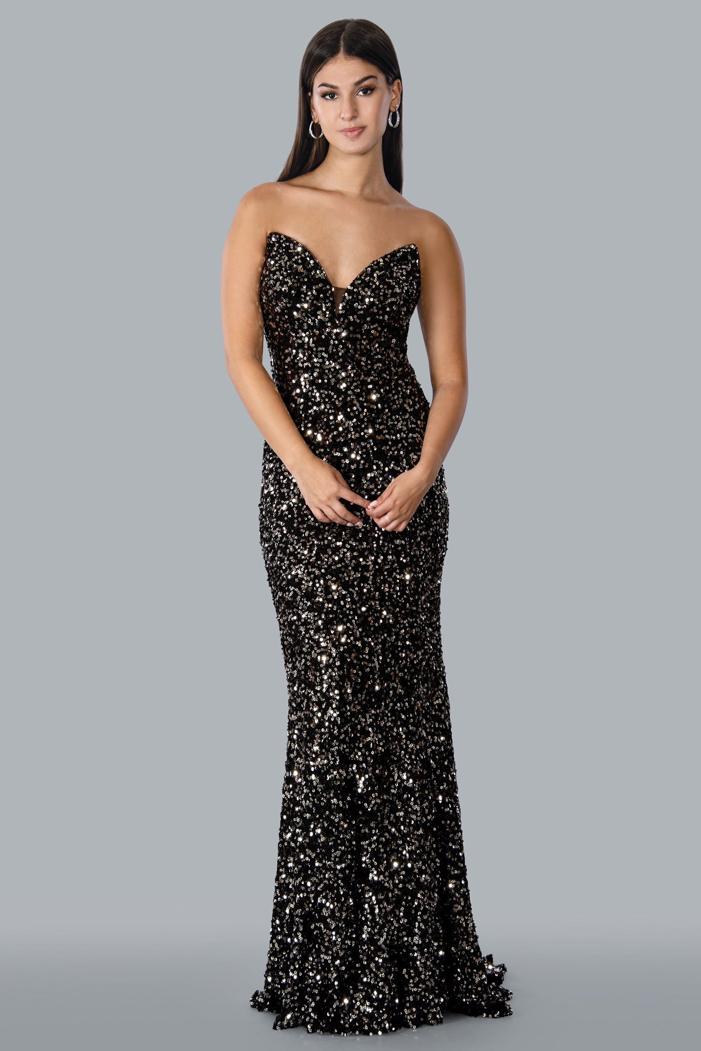 Stella Couture 23130 Long Fitted Sequin Peak Point Formal Pageant Gown Prom Dress V neckline.  Available Sizes: 0-16  Available Colors: Black, Red, Rose