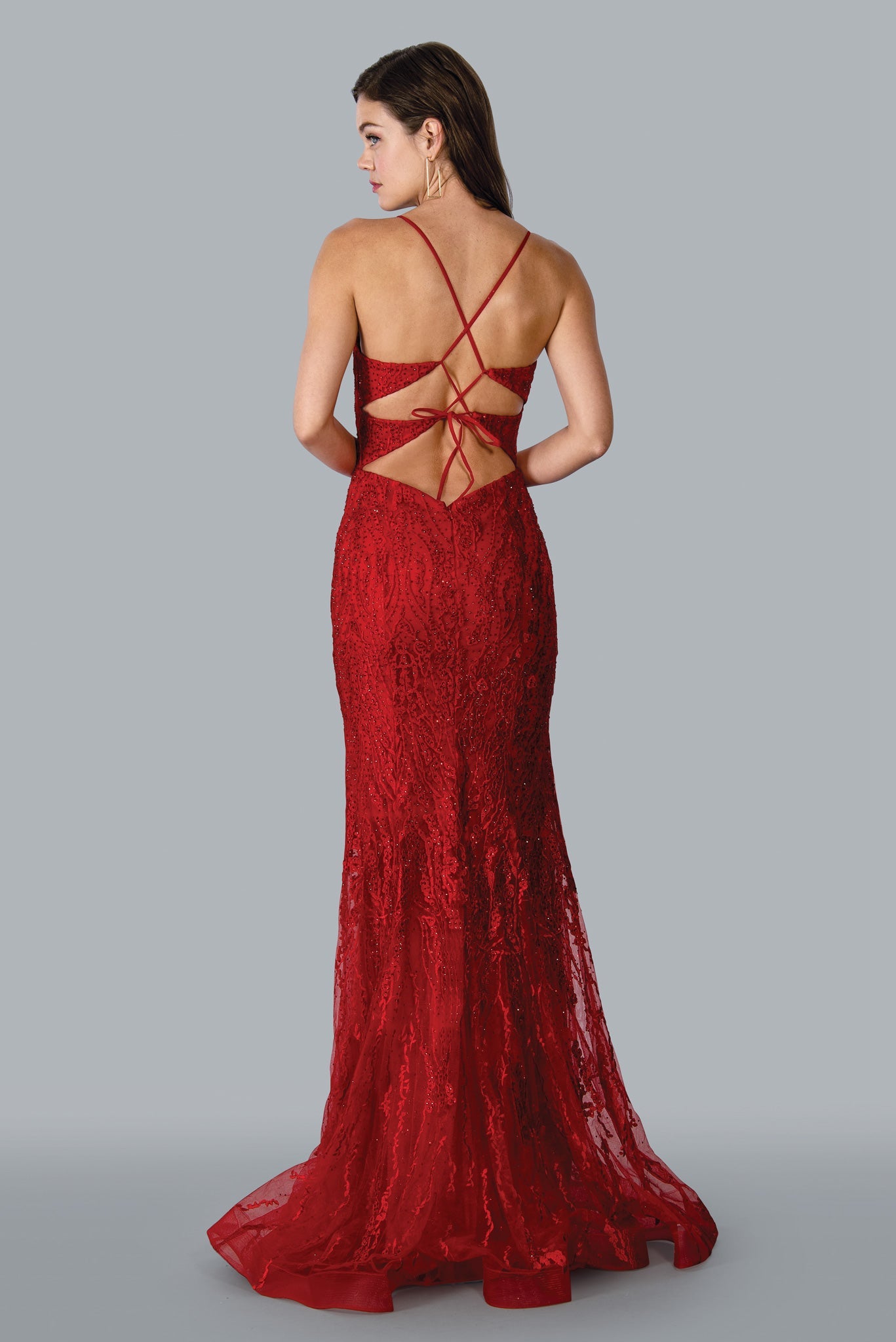 Stella Couture 23140 Long Fitted Crystal Lace Mermaid Prom Dress Backless Formal Gown Corset  Sizes: 0-16  Colors: Red, Yellow, Navy