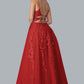 Stella Couture 23178 Long Lace A Line Backless Shimmer Ball Gown Prom Dress Corset V Neck   Sizes: 0-16  Colors: Red, Blue
