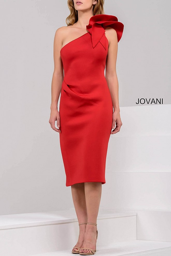 Jovani 23886 One shoulder ruffle three quarter length short dress