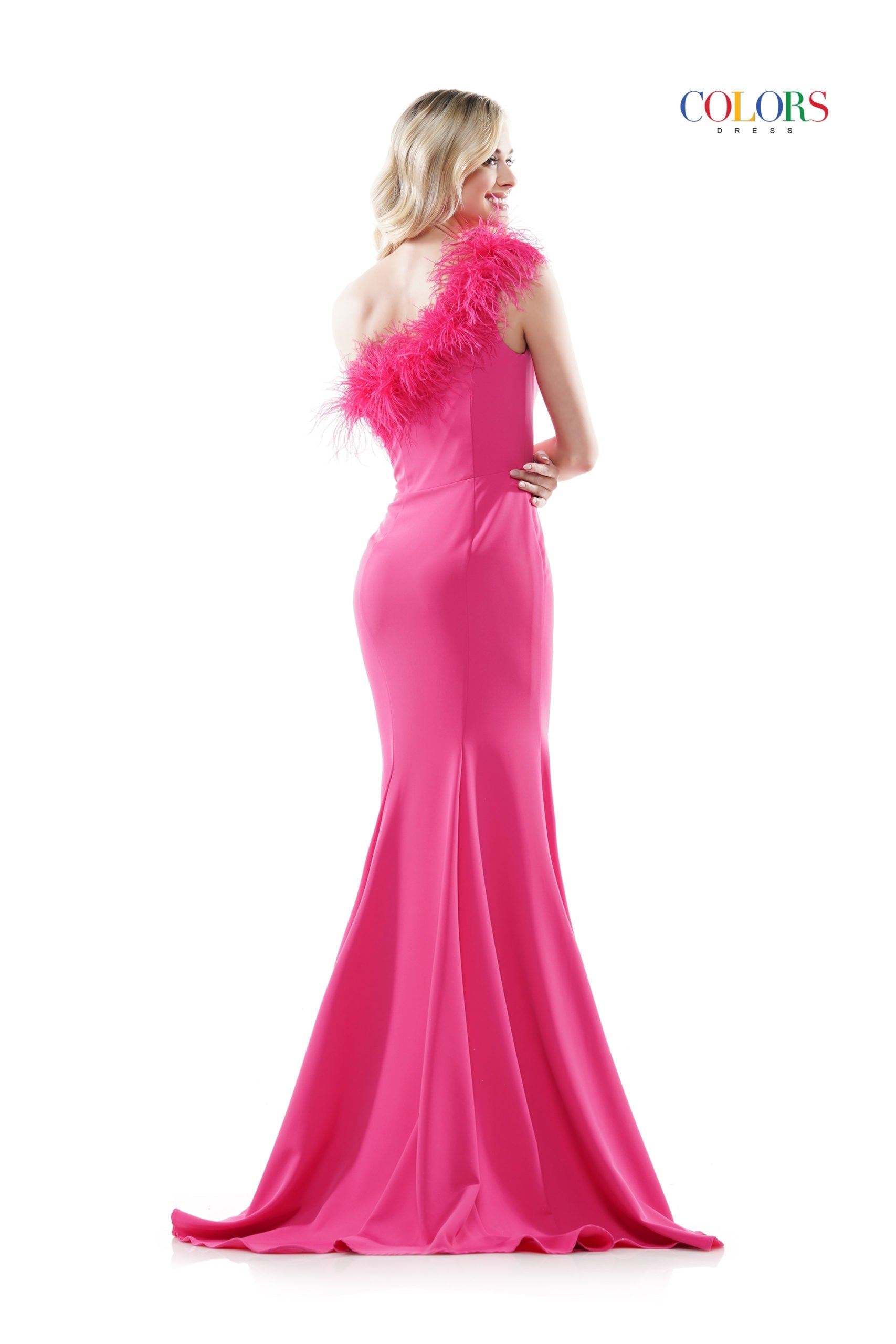 Colors Dress 2405 Size 12 Hot Pink Fitted One Shoulder Feather Embellished Prom Dress Slit Gown Colors Dress 2405 Size 12 Hot Pink Fitted One Shoulder Feather Embellished Prom Dress Slit Gown
